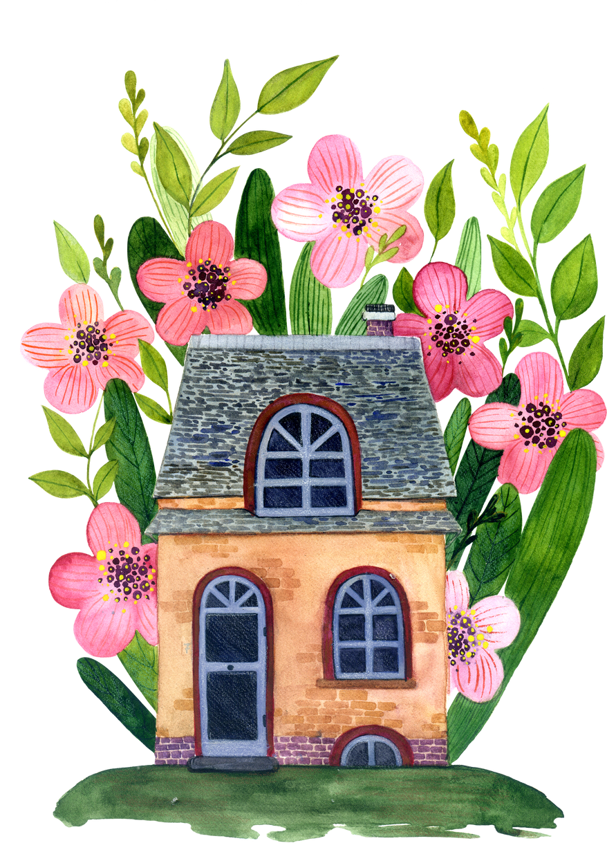 Watercolor House with Pink Flowers