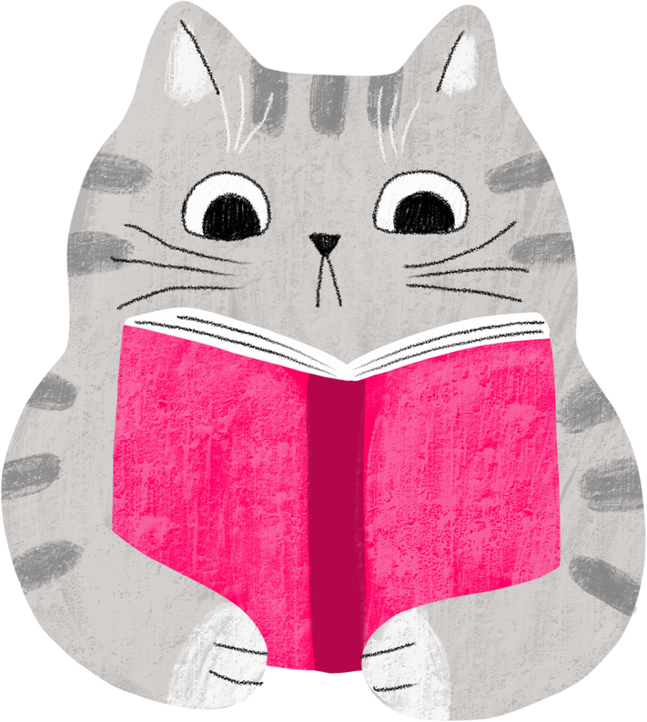 Cartoon cute cat reading book clipart.